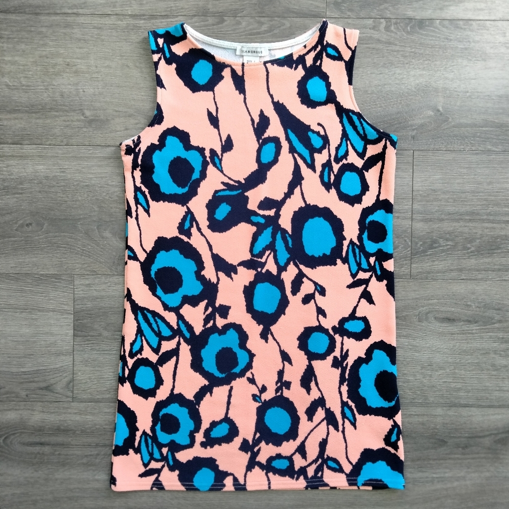 Glamorous Sleeveless Mini Orange Dress with Blue Floral Print Size Small